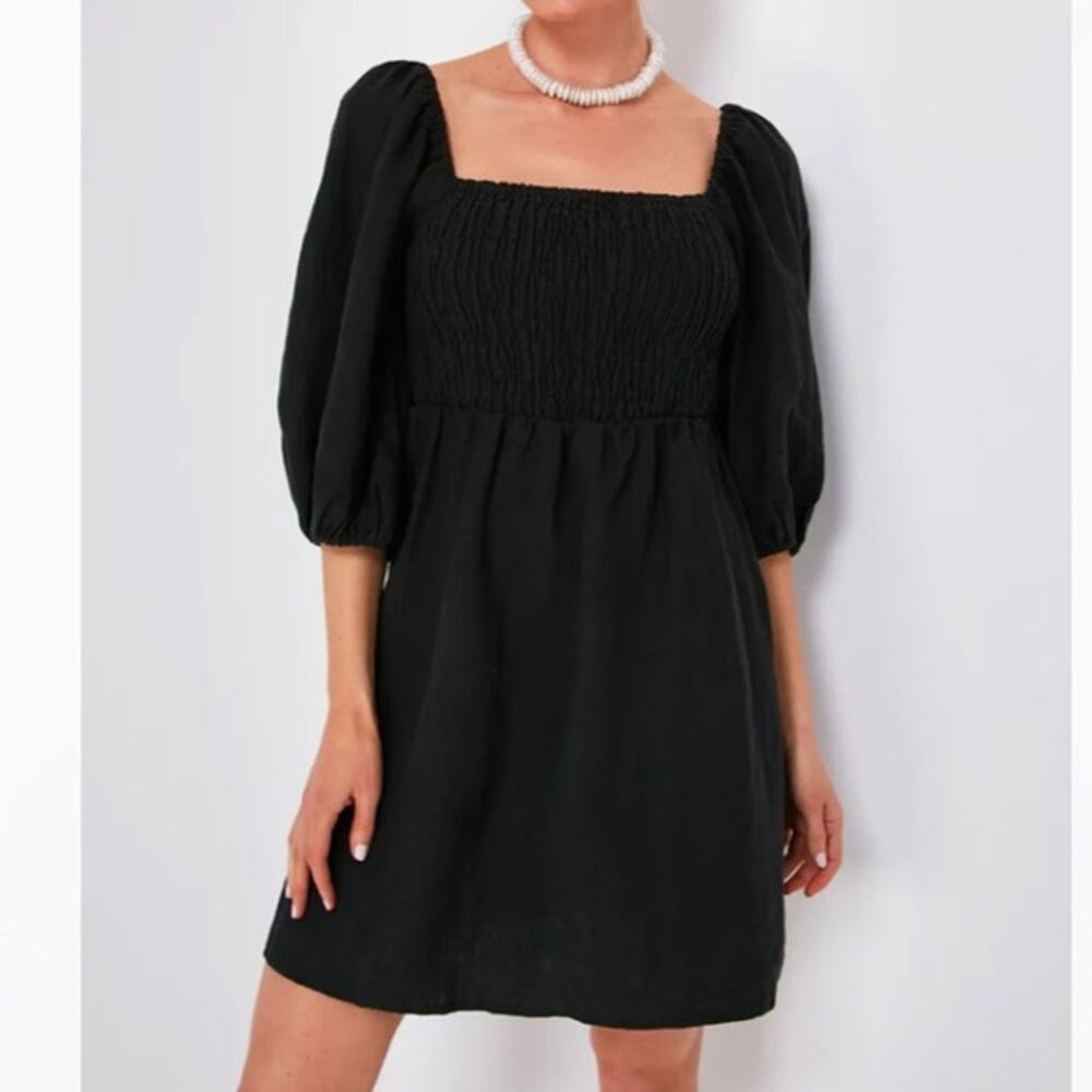Tuckernuck Black Linen Annie Smocked Mini Dress Small S
